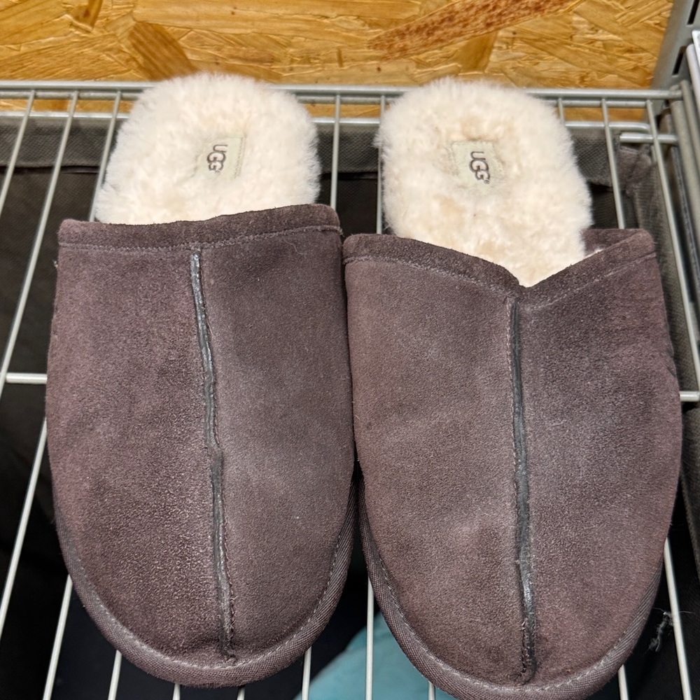 UGG Chocolate Suede Slippers with Plush White Lining